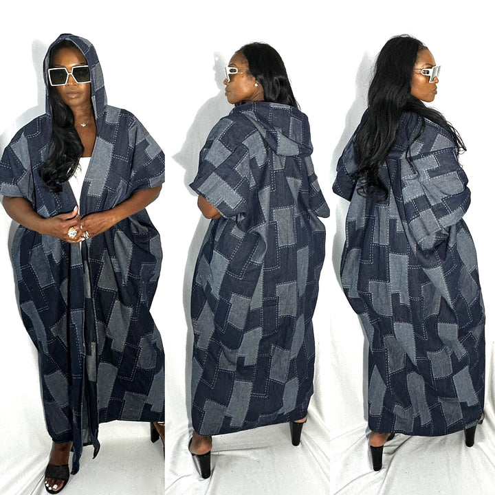 Denim Hooded Patchwork Open Front Long Duster - Dark Blue Blend Ships 10/28