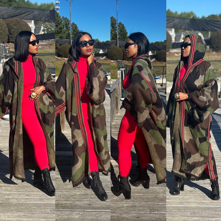 Hooded Camo Long Cardigan Coat with Red Trim