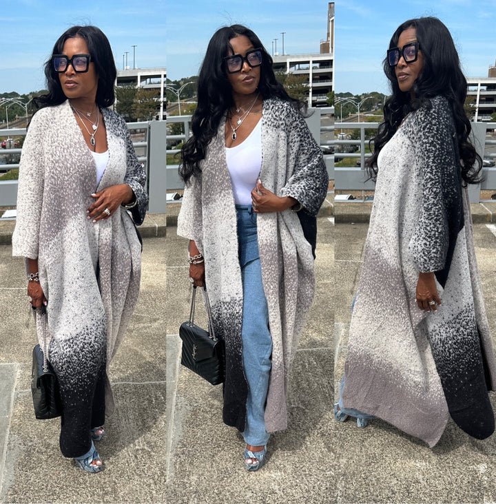 Ombre Open Front Long Cardigan Coat Black Grey White Blend Ships 10/10