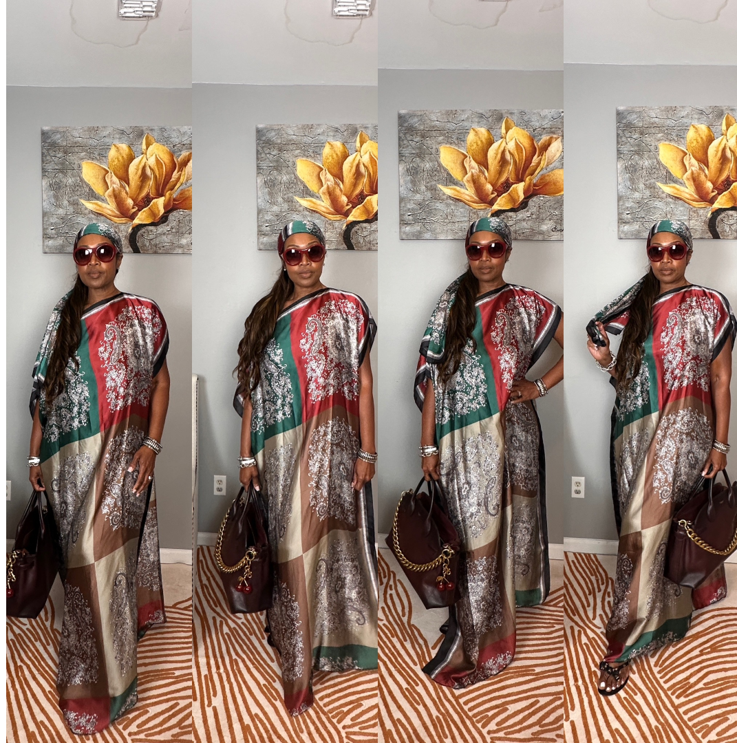 Vacation Vibes Kaftan Maxi Dress with Matching Scarf  -  Burgundy Emerald Chocolate Champagne Blend