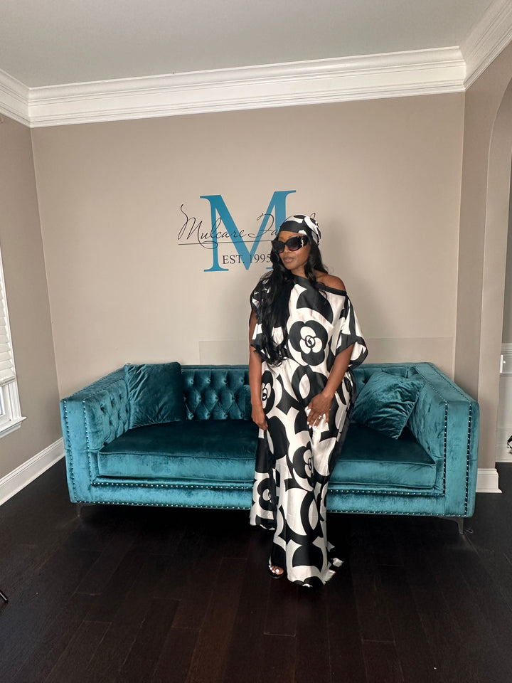 Classy & Fabulous Kaftan w/Matching Scarf  -Black & White camellia Print