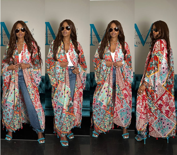 Bali Open Front Kimono Long Kimono - Red Turquoise Floral Blend Ships 6/20