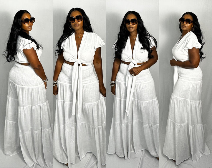 Summer White Linen 2 pc wide legged layered pant set