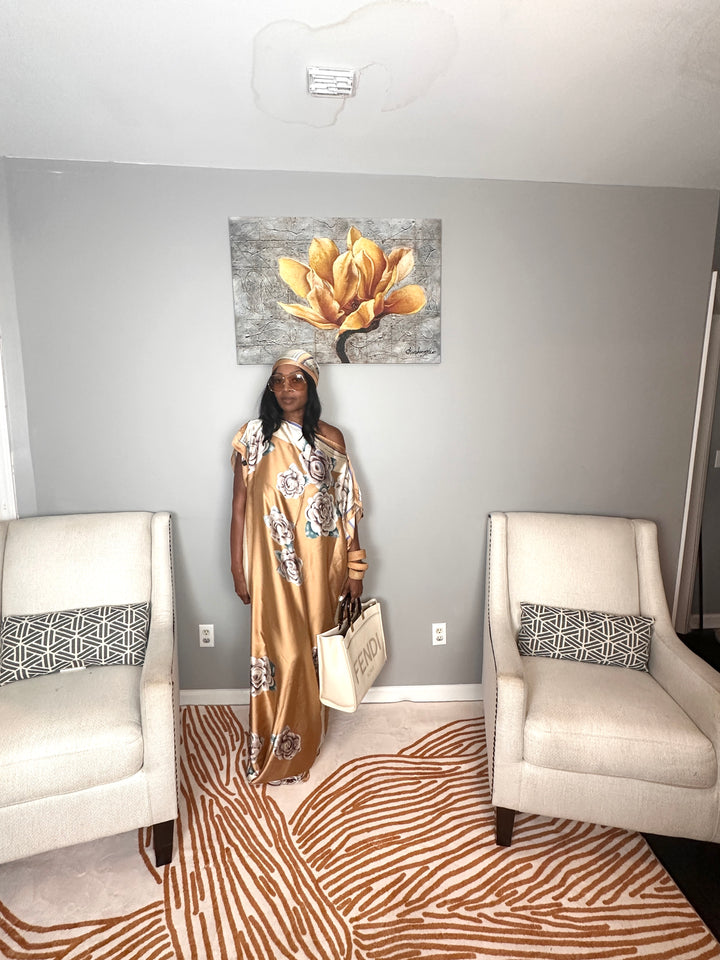 Vacation Vibes Kaftan Maxi Dress with Matching Scarf  -  Beige Cream blue Blend Ships 6/12