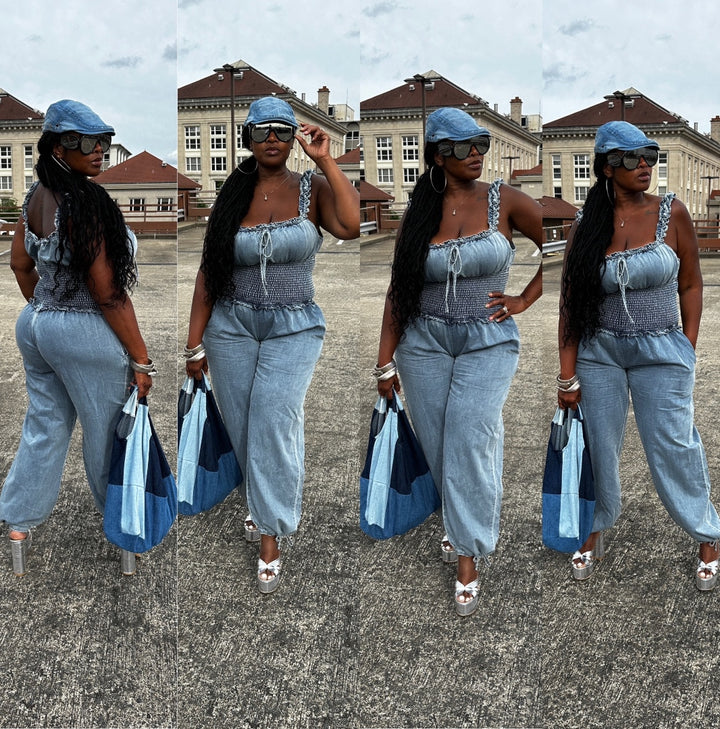 Denim Ruffle Shoulder Ruched Cargo Jumpsuit