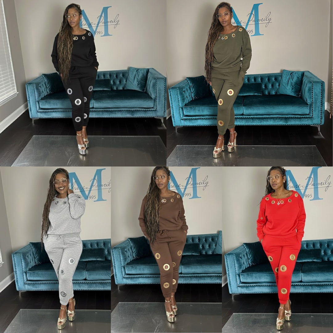 Gold Grommet Plush Everyday Jogger Set - Chocolate