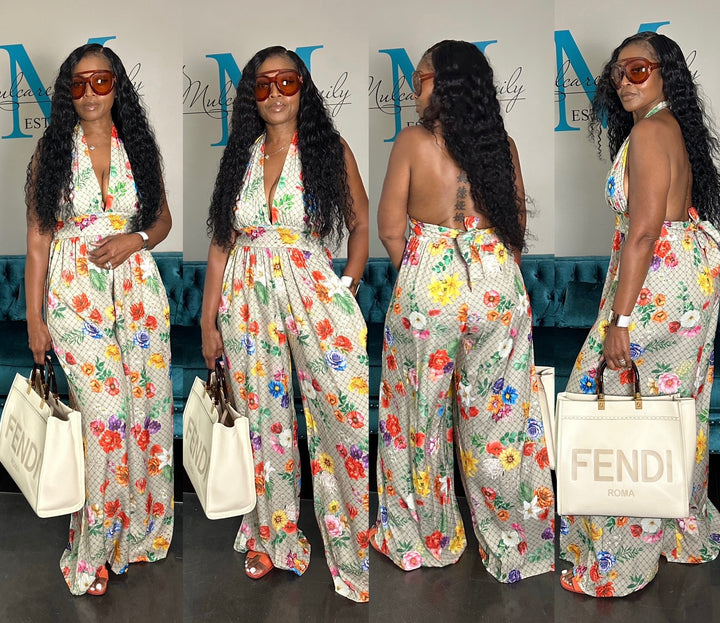 Garden party Open Back Halter Jumpsuit - Tan Floral Blend