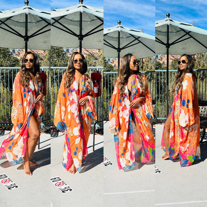 Aruba Open Front Long Kimono - Orange Hot Pink Blue Blend Ships 3/20