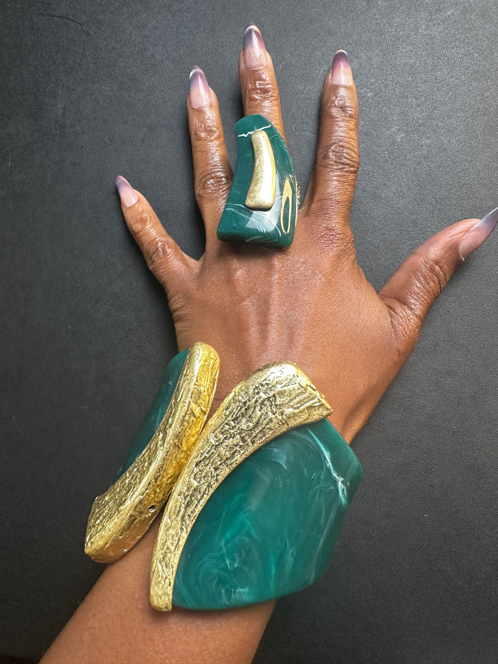 Wide Bold Sculpted Hinged Bangle Bracelet -  Teal