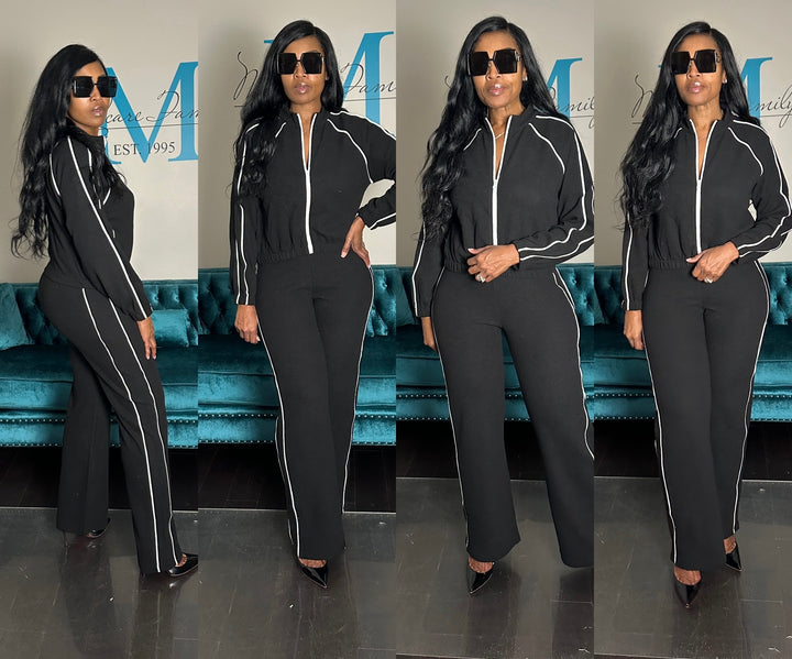 Very Essential Piped Track Suit Set - Cream with Black Piping