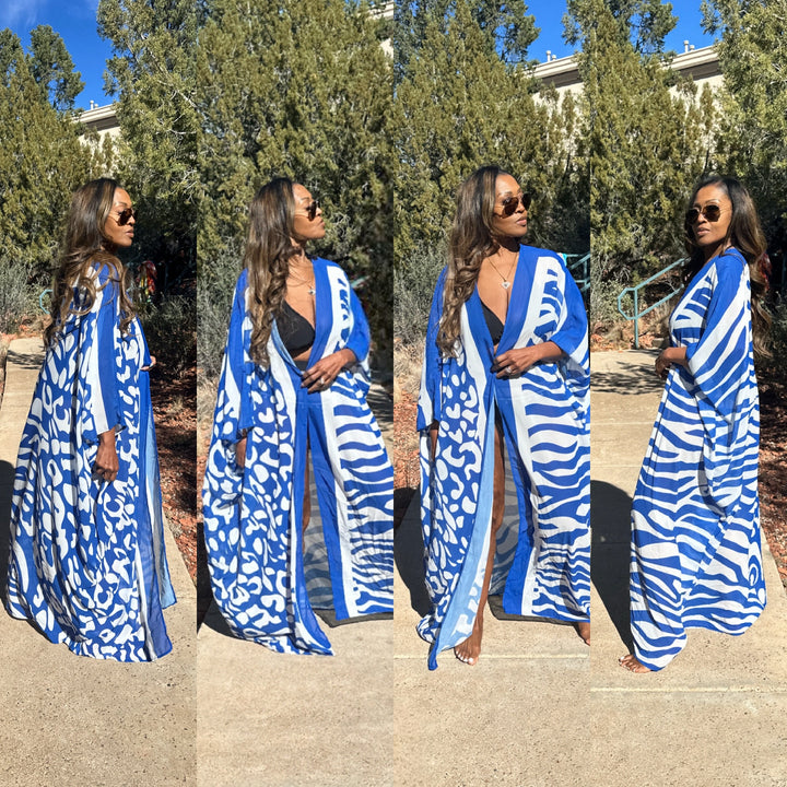 Sedona Open Front Kimono Long Kimono - Royal  Blue and White Trim Ships 3/20