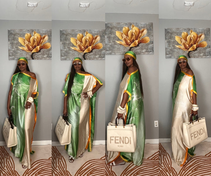 Vacation Vibes Kaftan Maxi Dress with Matching Scarf  -  Emerald Green Cream Orange Yellow Blend