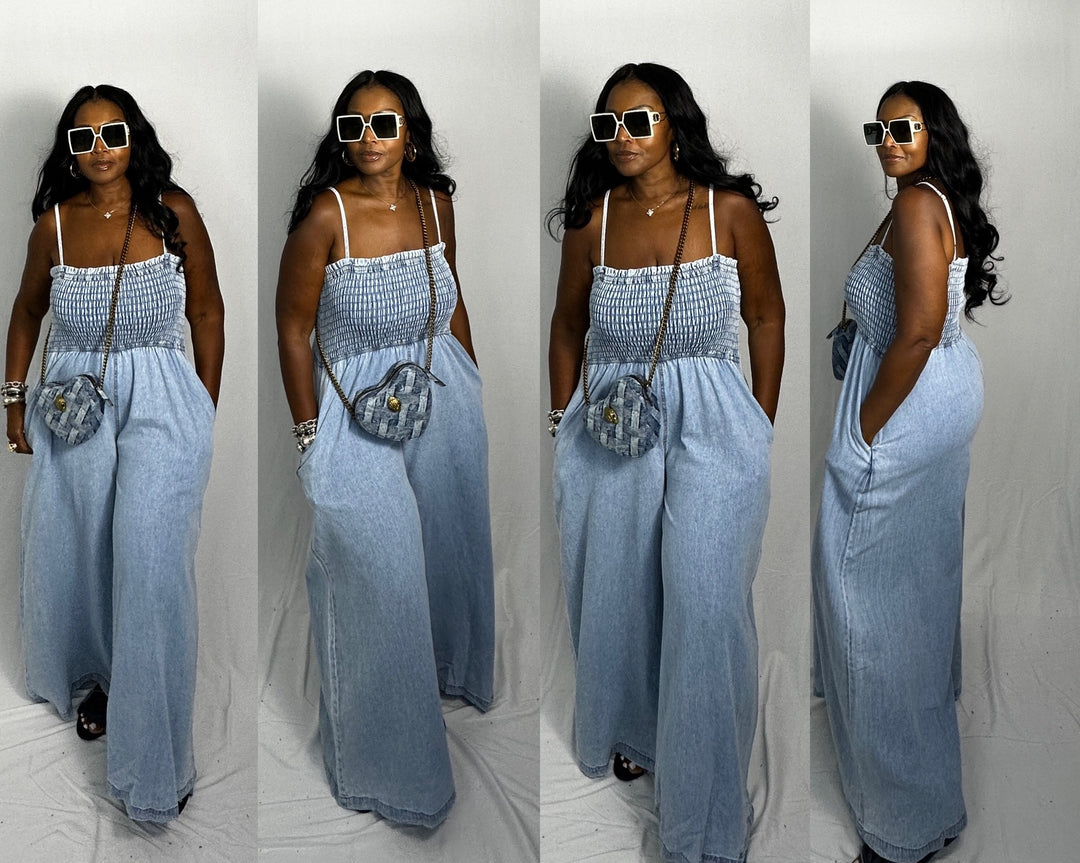 RESTOCKED Denim Stretch Gauze Wide Legged Jumpsuit