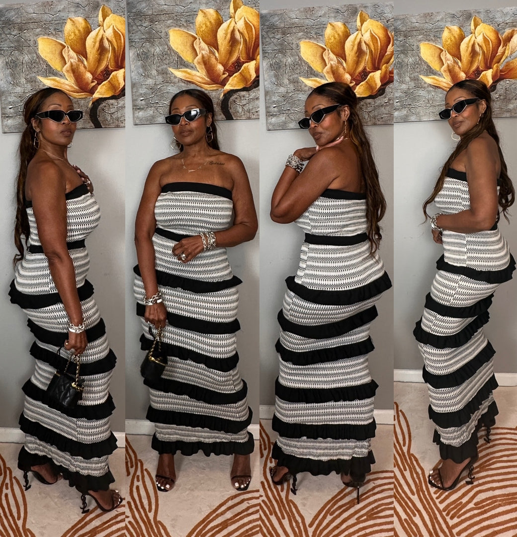 Rhythm & Ruffles Black and White Strapless Bodycon Dress