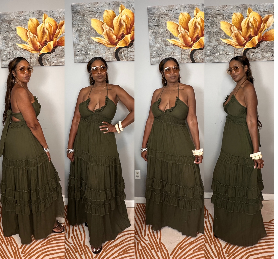 Grown Woman Summer Tiered Maxi Dress - Dark Olive