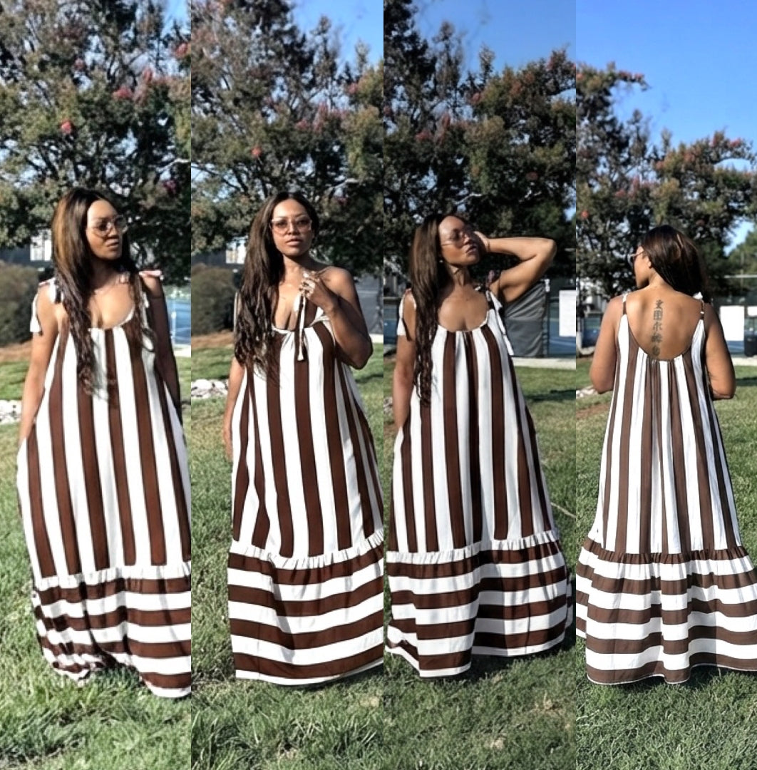 Beauty In Stripes  Maxi Dress with Pockets - Chocolate Brown and white blend Ships 7/31