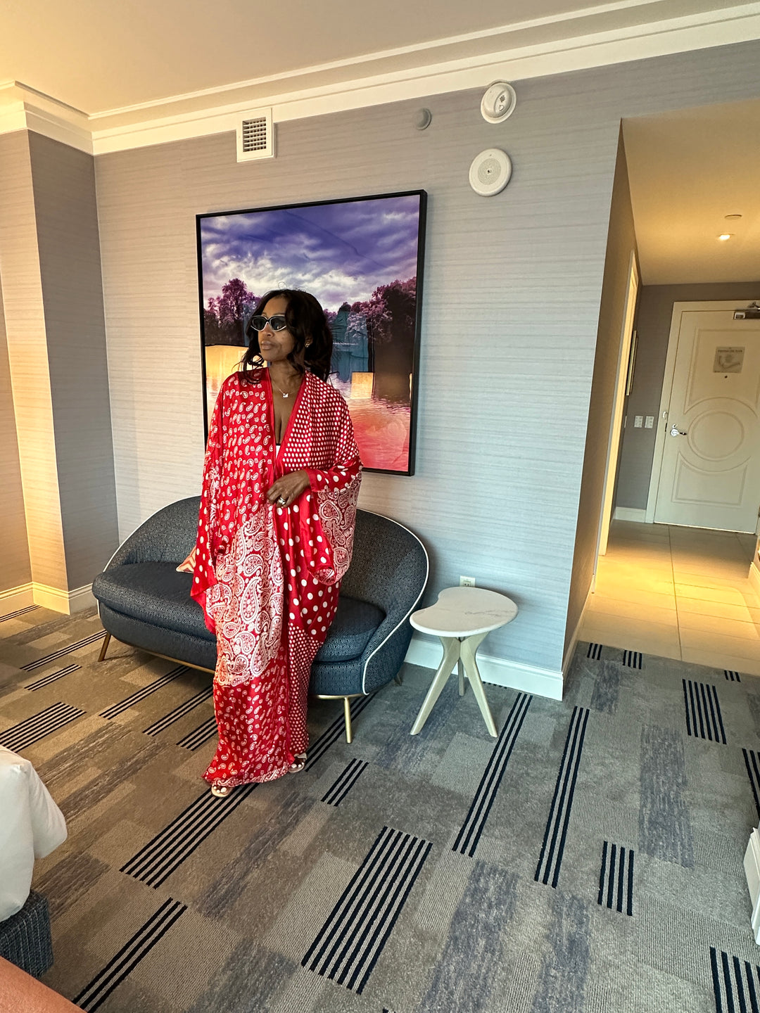 Tanzania Satin Open Front Kimono Long Kimono - Red Polka Dot Paisley Blend Ships 9/5