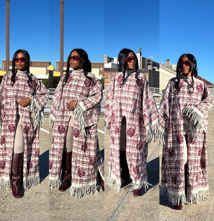 Rich Auntie Winter Fine As Wine Split Kimono Coat - Burgundy Cream Blend Ships 10/30