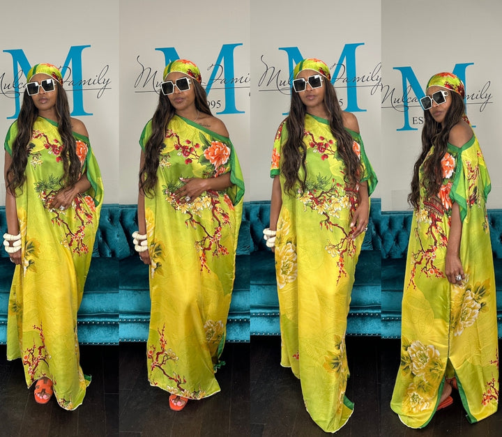 Vacation Vibes Kaftan Maxi Dress with Matching Scarf -  Green Gold Orange Blend Ships 6/12