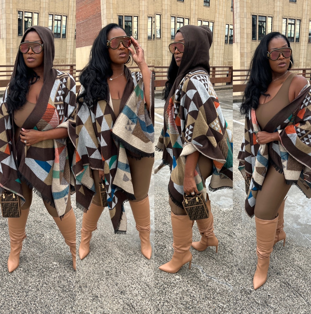RESTOCKED Rich Auntie Santa Fe' Winter Open Front Poncho with Hood - Chocolate Brown Tan Grey Blend