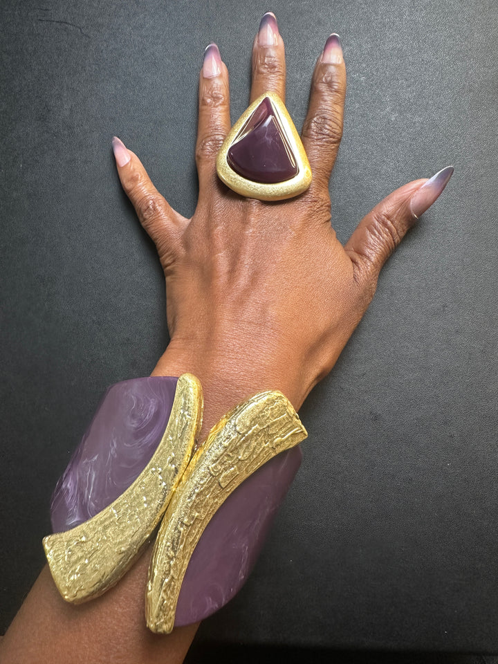 Wide Bold Sculpted Hinged Bangle Bracelet -  Purple