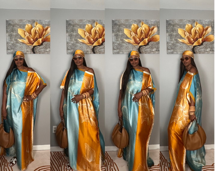 Vacation Vibes Kaftan Maxi Dress with Matching Scarf  -  Copper Orange Turquoise Cream