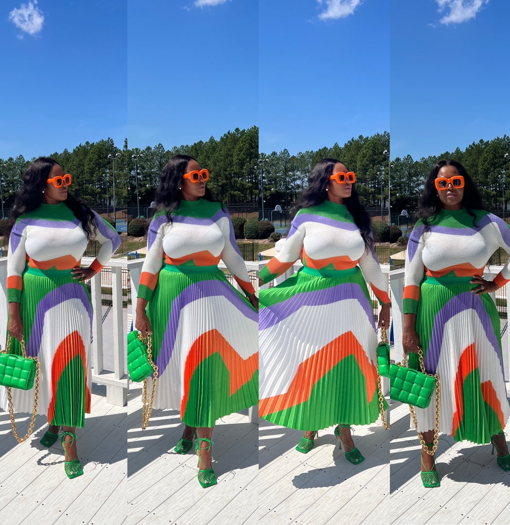 Classy and Fabulous  2 pc long sleeve pleated A line skirt set - Cream Green Orange Blend