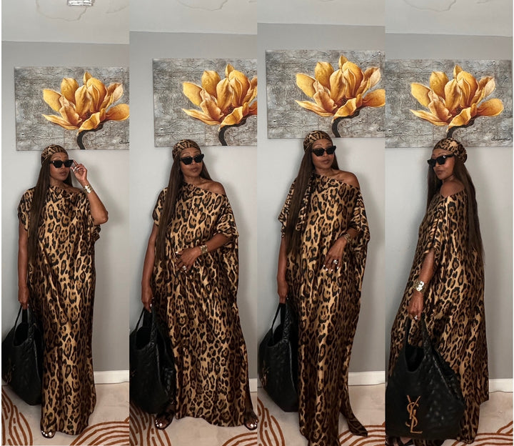 Vacation Vibes Kaftan Maxi Dress with Matching Scarf  -  Black and  Brown Leopard Blend