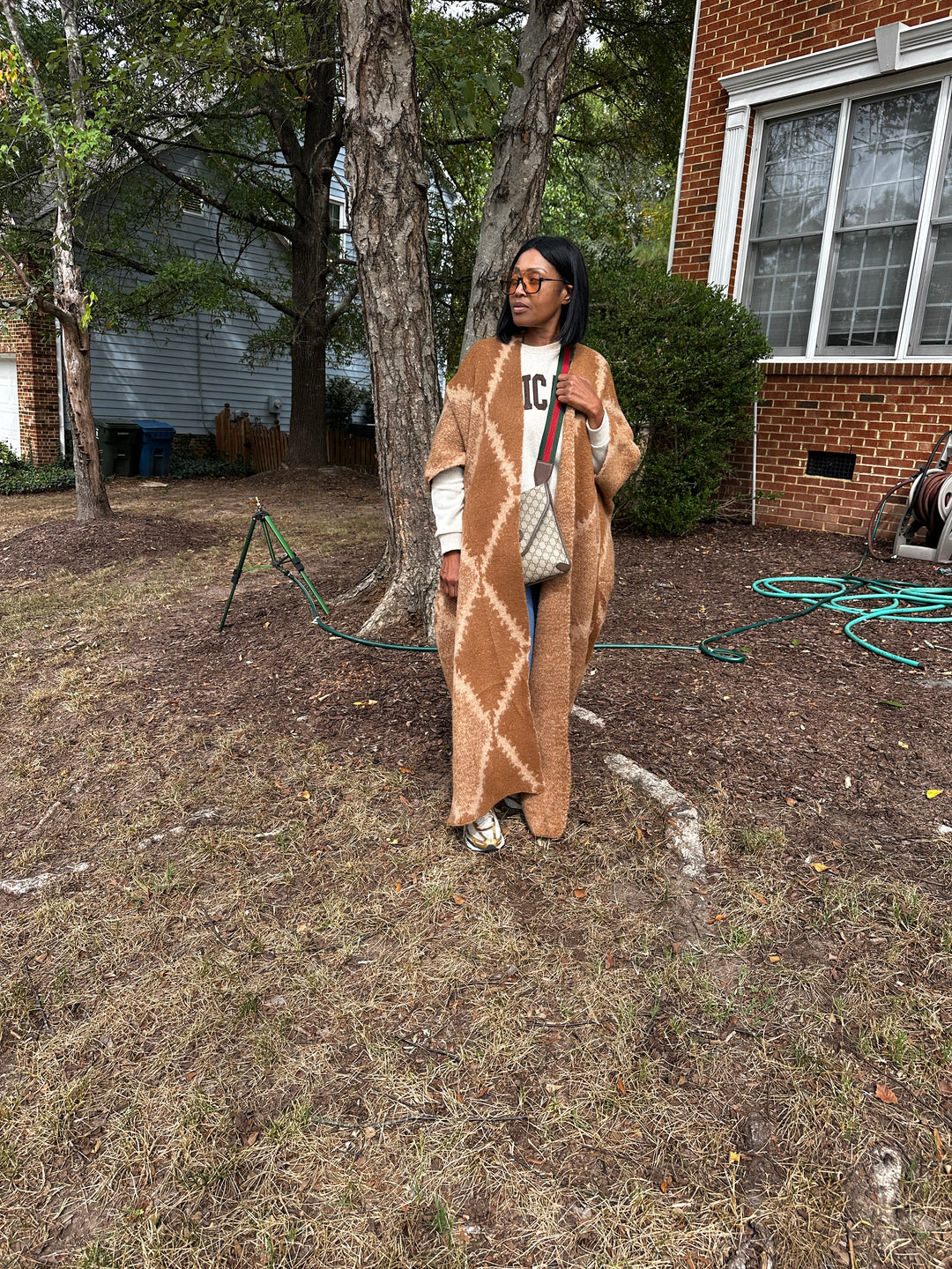 Diamond Print Caramel and Chocolate Open Front Long Cardigan Coat