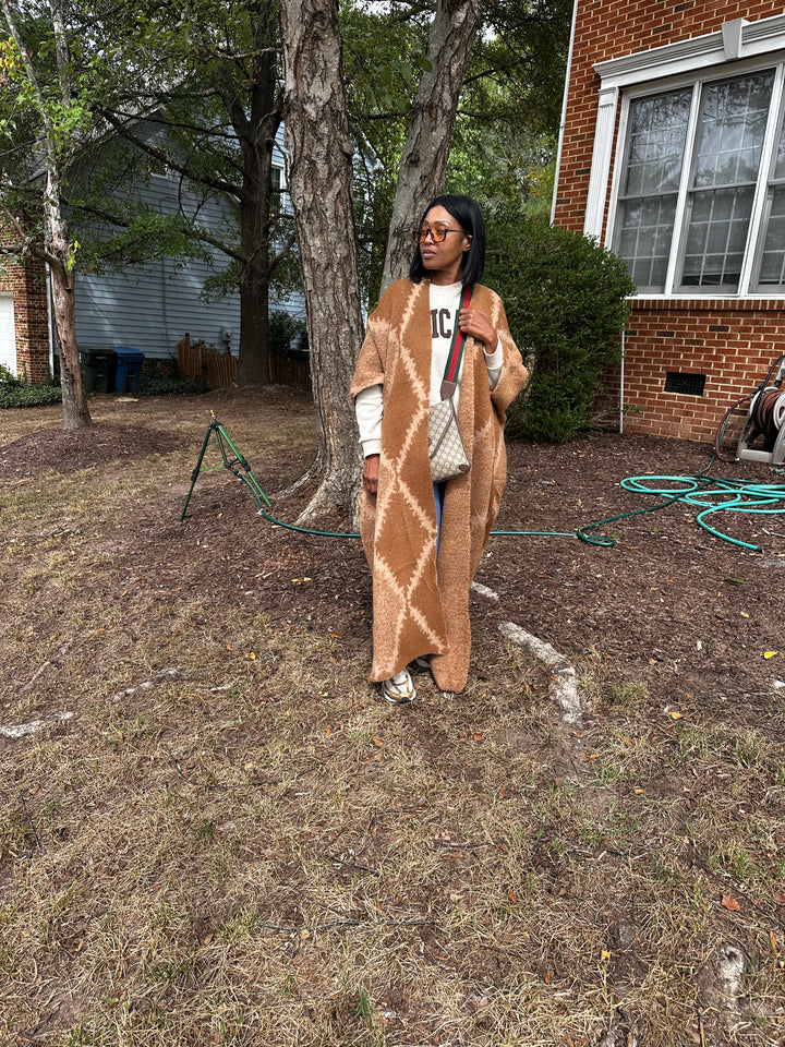 Diamond Print Caramel and Chocolate Open Front Long Cardigan Coat