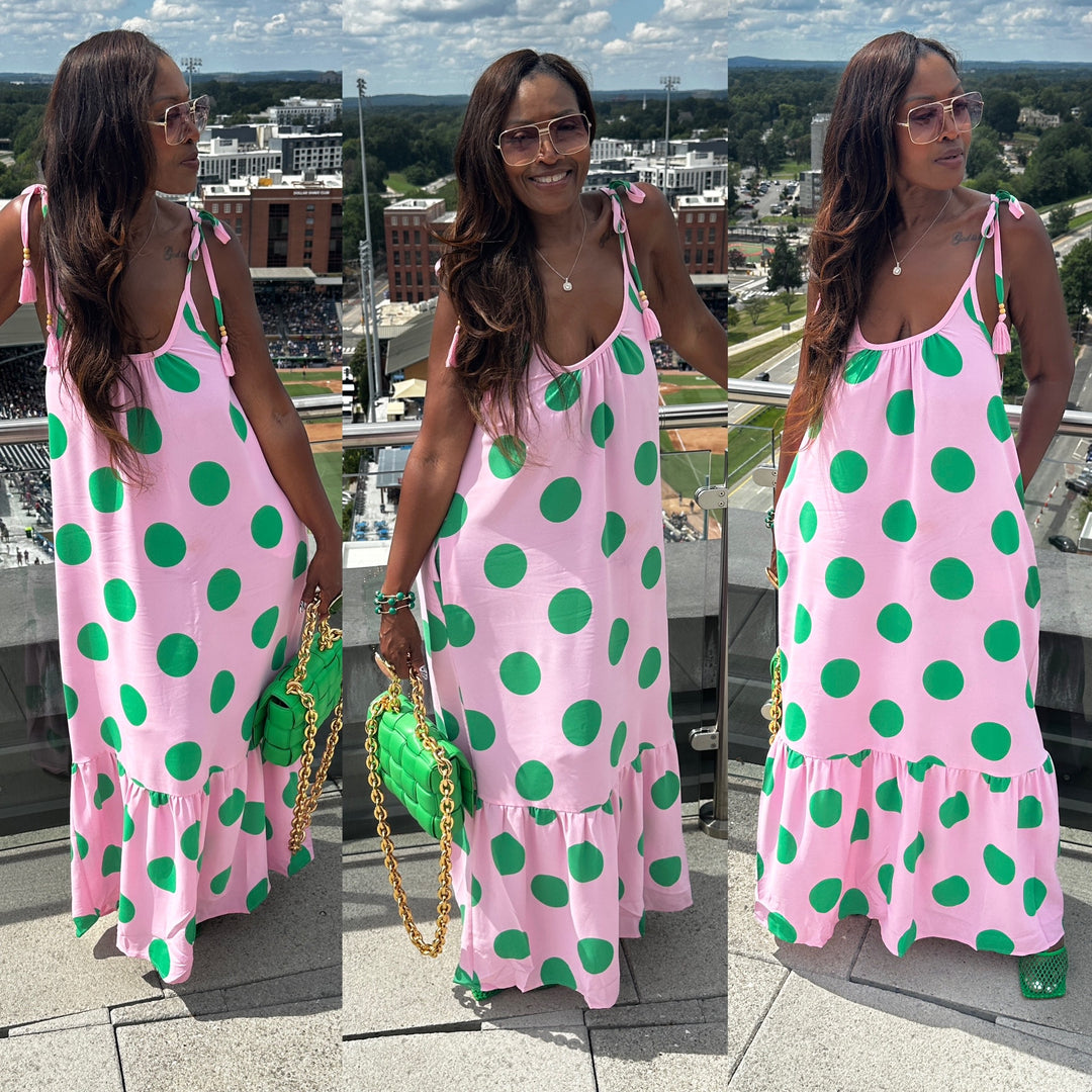 Pretty in Polka Dots Pink and Green Low Back Maxi Dress with Pockets in S-3X