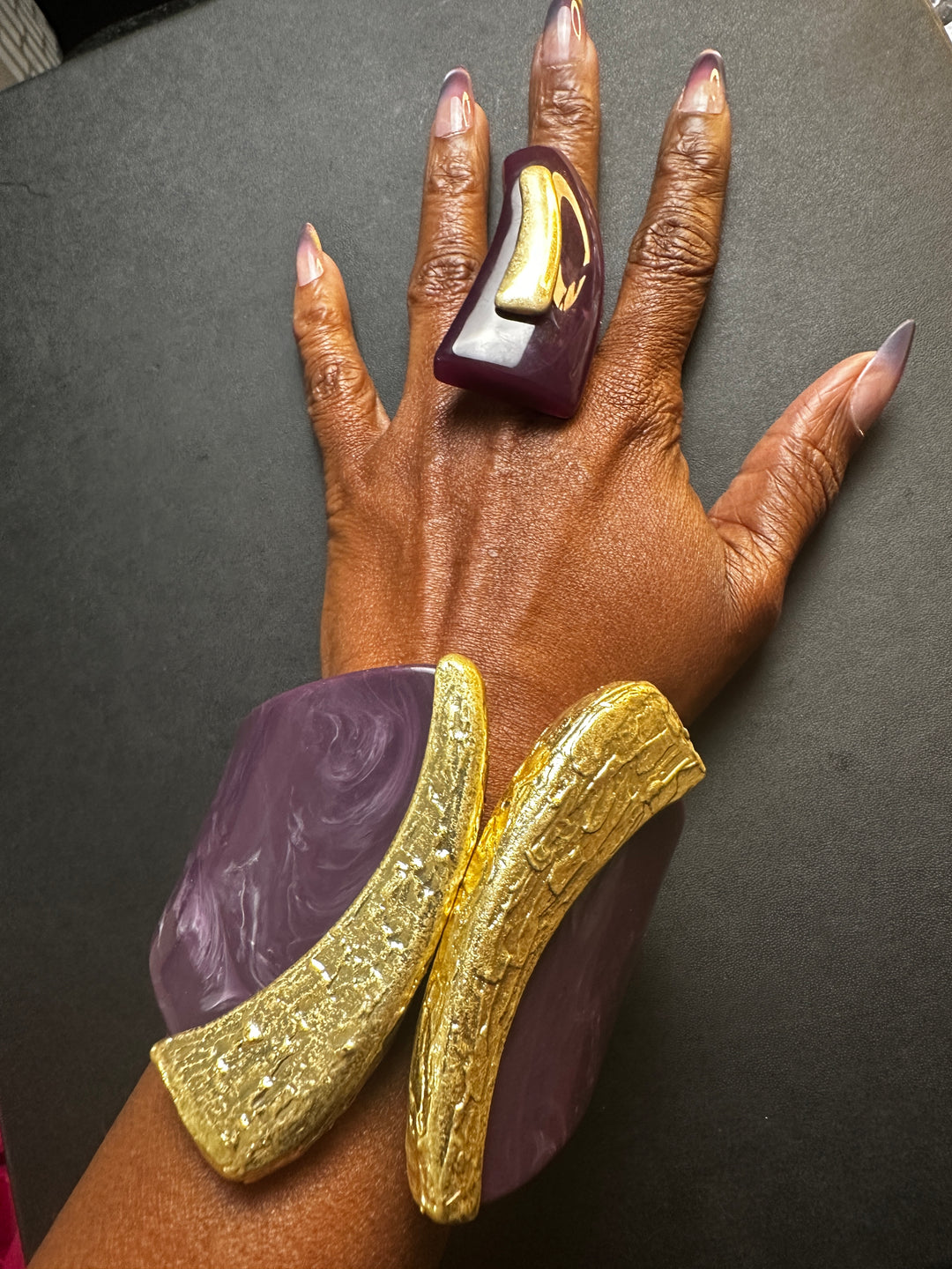 Wide Bold Sculpted Hinged Bangle Bracelet -  Purple