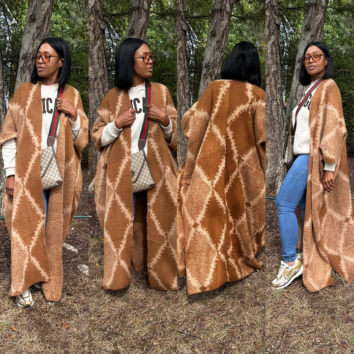 Diamond Print Caramel and Chocolate Open Front Long Cardigan Coat