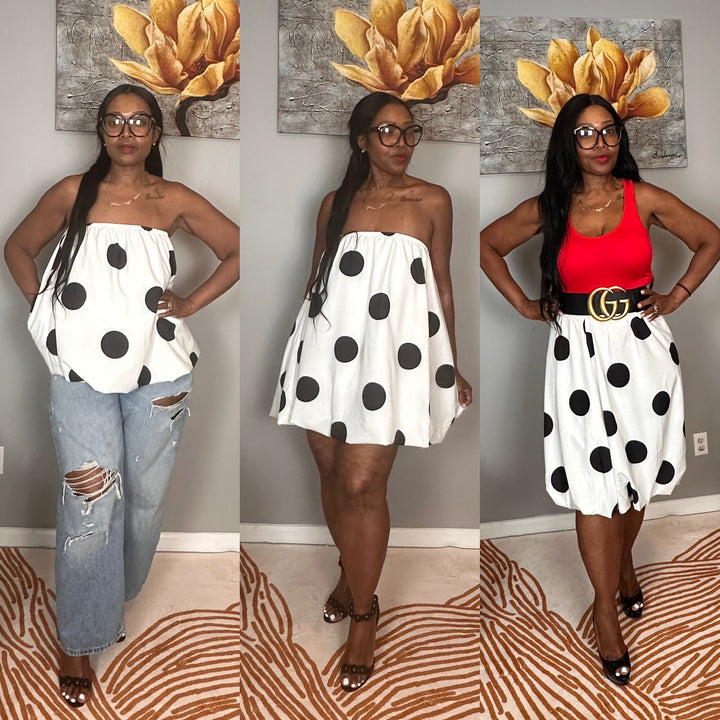 3 Way Trio Top/Dress/Skirt – Black & White Polka Dot