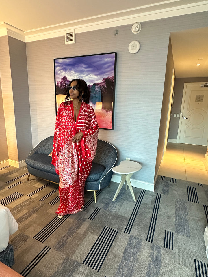 Tanzania Satin Open Front Kimono Long Kimono - Red Polka Dot Paisley Blend Ships 9/5