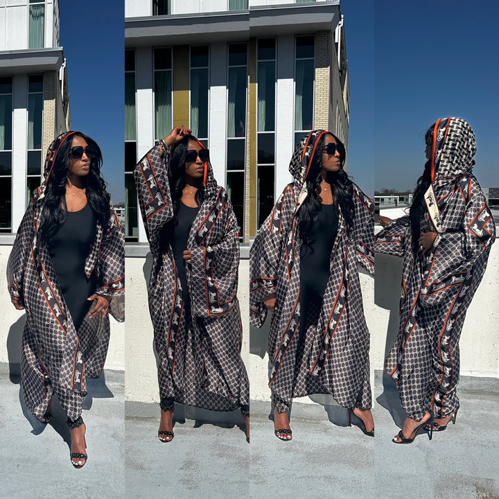 Rich Auntie HOODED LUXE Satin KIMONO black grey brown blend