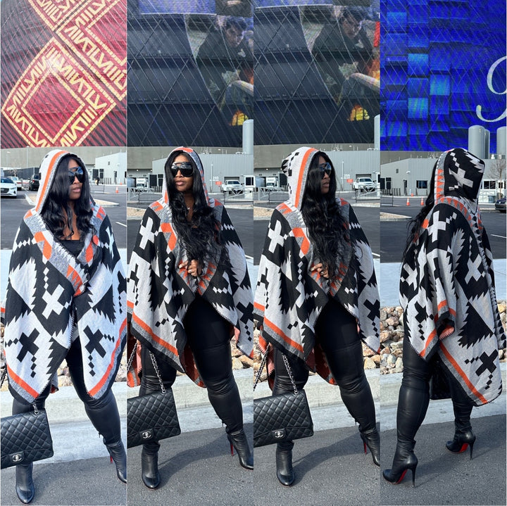 REVERSIBLE Rich Auntie Open Front Poncho with Hood - Grey Black Orange Peach Blend Ships 10/20