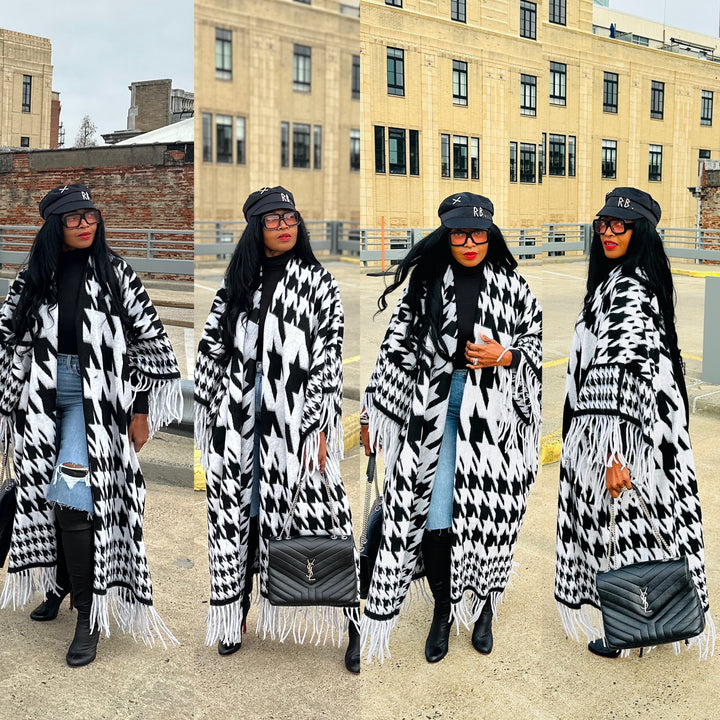 Rich Auntie Winter Fashion Kimono Coat - Black and White Houndstooth Blend Ships 1/30