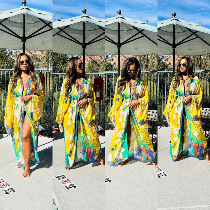 Aruba Open Front Long Kimono - Gold Turquoise Royal Blue.Blend