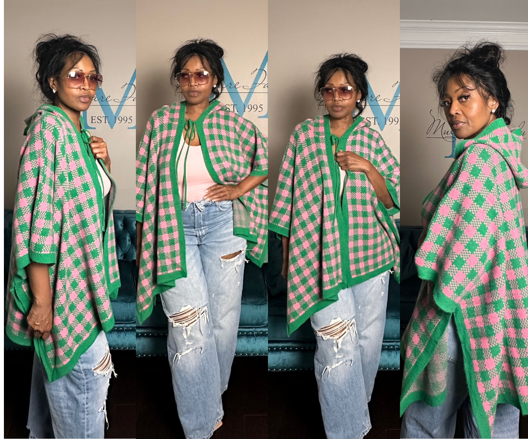 Pink and Green Blend Hooded Poncho