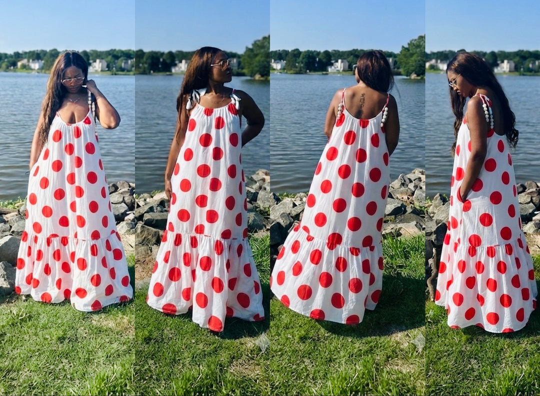 Divas in Red Polka Dots Red and White Low Back Maxi Dress with Pockets