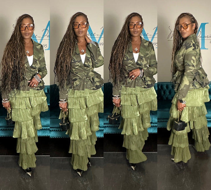 Long Sleeve Camo Stretch Peplum Zipper Tiered Jacket