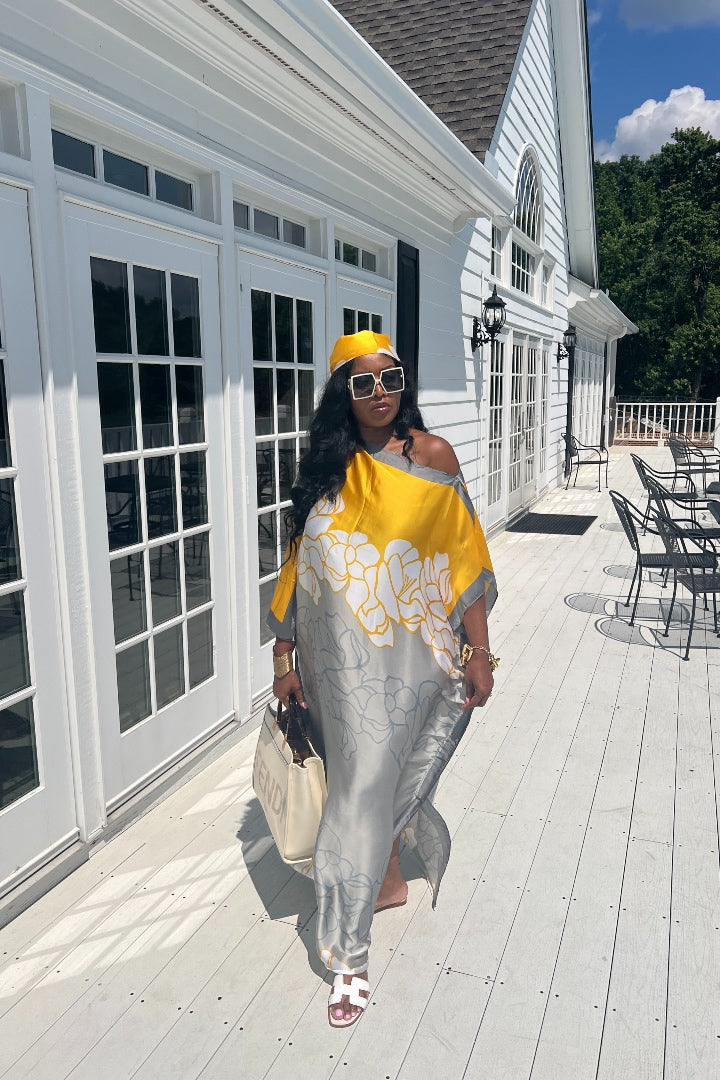 RESTOCKED Rich Auntie Satin Kaftan Maxi with Matching Scarf- Silver Gold and White Blend Ships 4/30