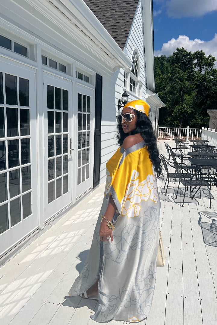 RESTOCKED Rich Auntie Satin Kaftan Maxi with Matching Scarf- Silver Gold and White Blend Ships 5/14