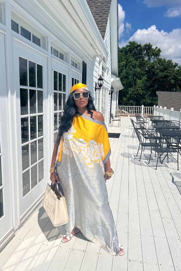 RESTOCKED Rich Auntie Satin Kaftan Maxi with Matching Scarf- Silver Gold and White Blend Ships 4/30