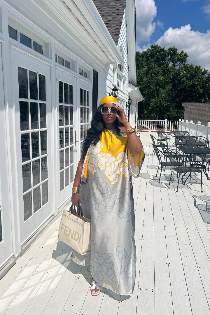 RESTOCKED Rich Auntie Satin Kaftan Maxi with Matching Scarf- Silver Gold and White Blend Ships 5/14