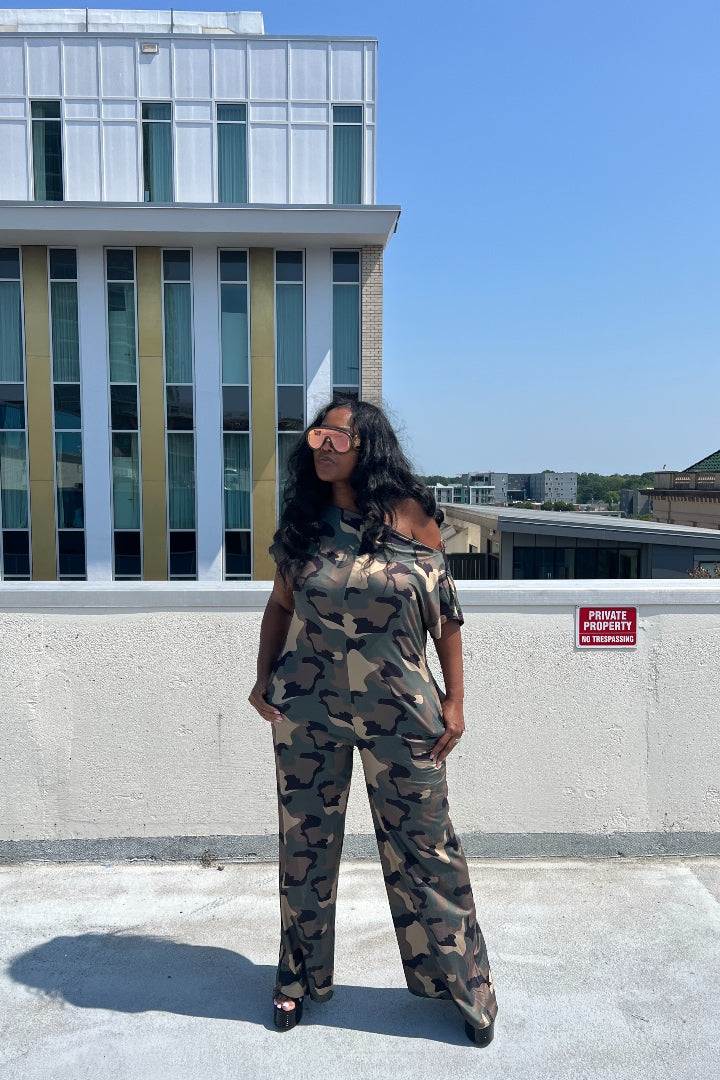 Camo Off the Shoulder Jumpsuit in S-3X
