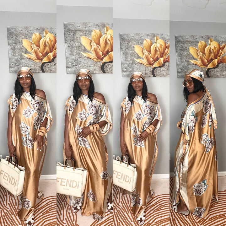 Vacation Vibes Kaftan Maxi Dress with Matching Scarf  -  Beige Cream blue Blend Ships 6/12
