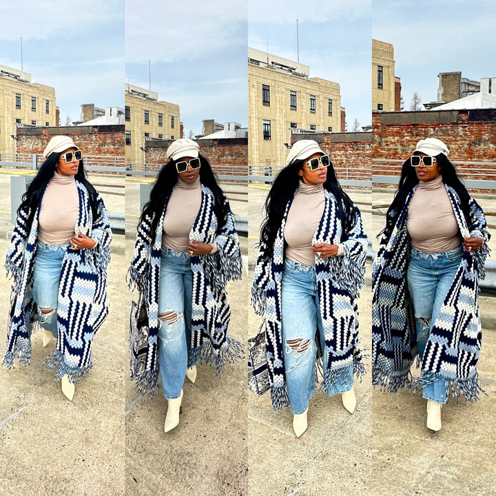 New Phoenix Crochet Kimono Coat - Navy Light Blue White Blend