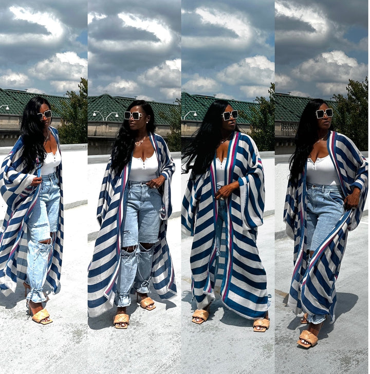 Rich Auntie Open Front Long Kimono - Navy Blue and White Striped Blend Ships 5/30